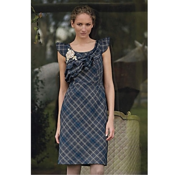 Anthropologie Floreat Tartan Plaid Wool Retro 50s Ruffle Floral Dress 2 Punk - Picture 3 of 15